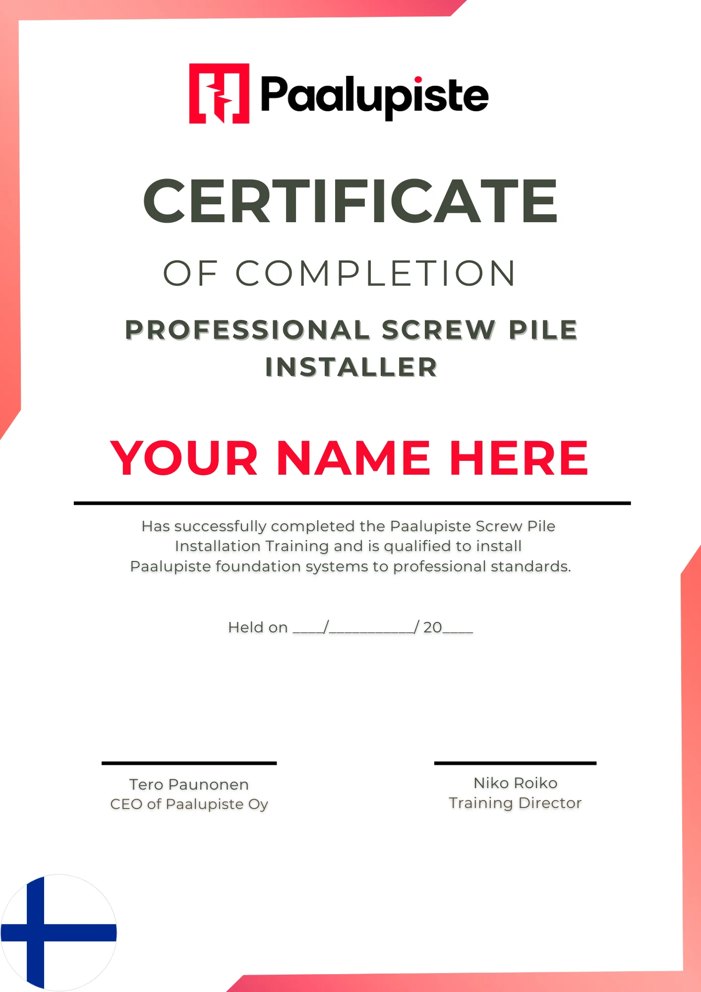 Paalupiste Professional Schraubpfahl-Installateur Zertifikat