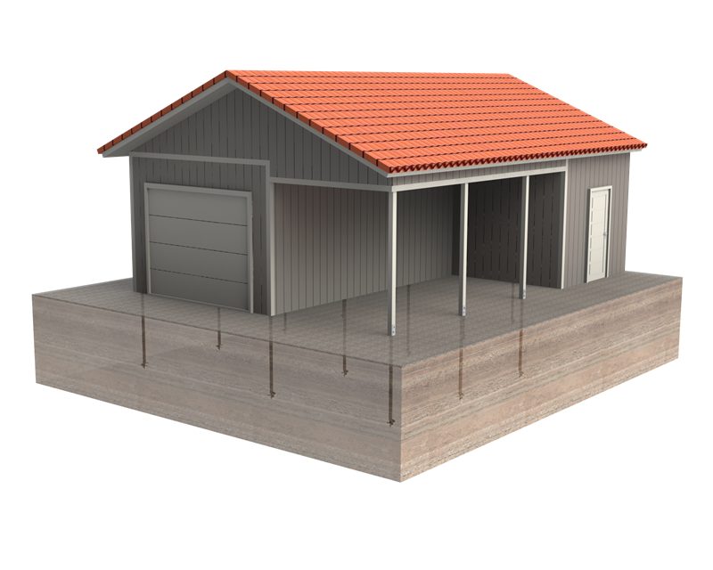 Schraubpfahlgr&uuml;ndung &ndash; 3D-Darstellung einer Garage auf Gr&uuml;ndungspf&auml;hlen